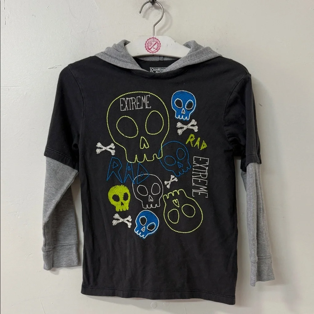 OshKosh B'gosh Hooded Layered-Look Skull Tee with Gray Sleeves Y2K dated 2013
